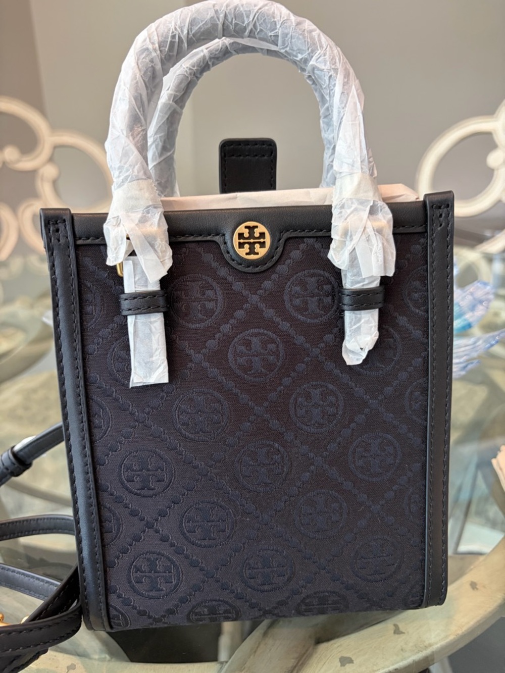 Brand new Authentic Tory Burch Black Mini Tote with Gold Logo